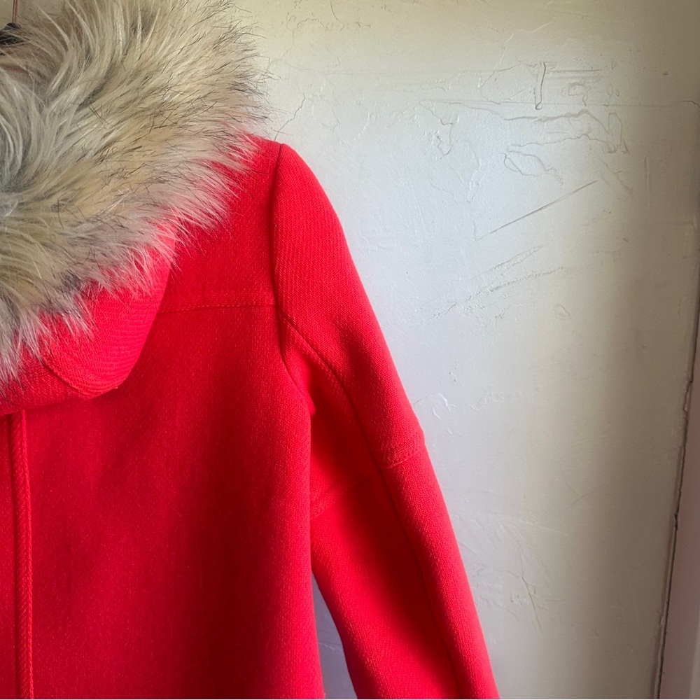 J. Crew Stadium Cloth Red Wool Coat w/ Faux Fur Hood Statement Winter Parka 2P - Picture 8 of 16